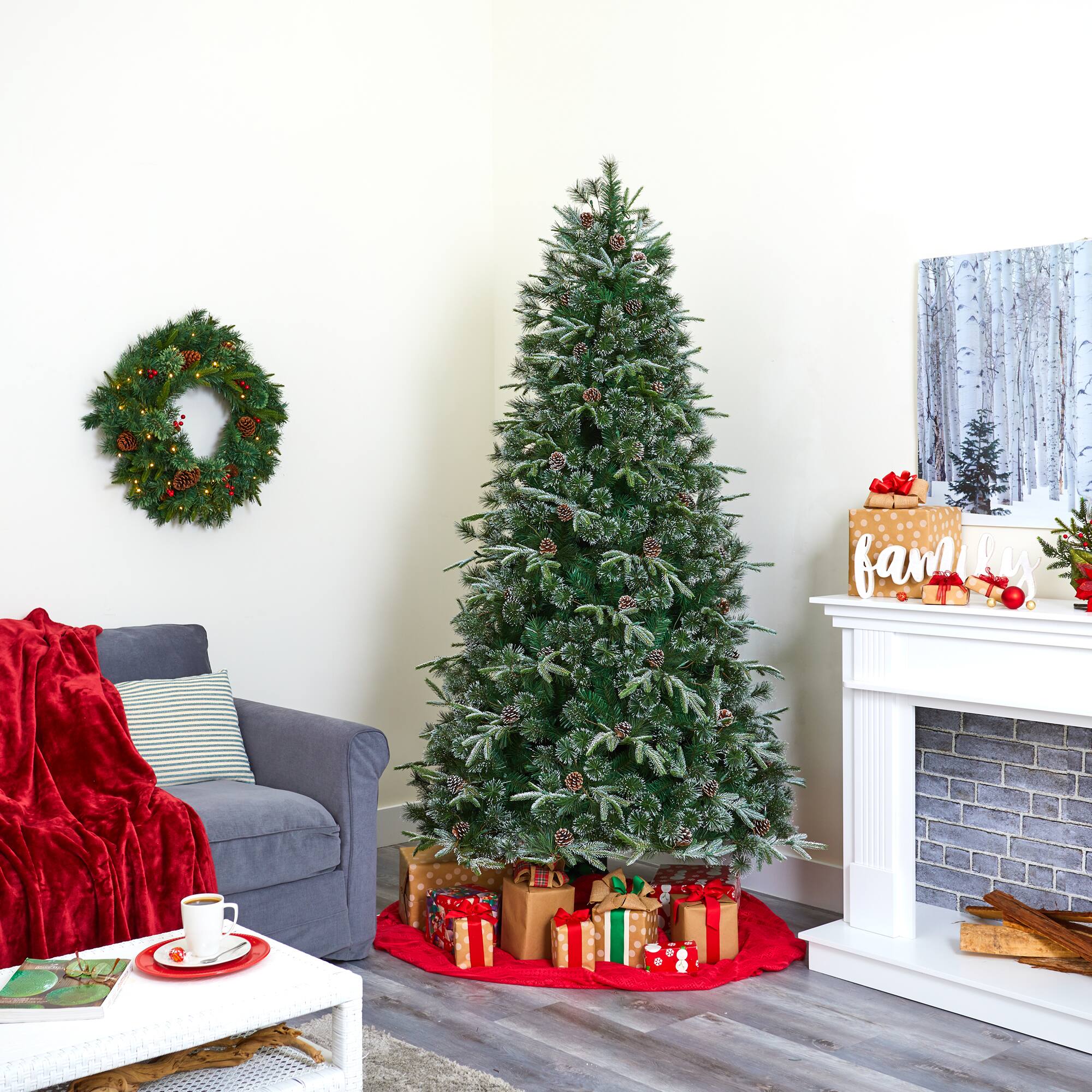 7.5ft. Pre-Lit Snowed Tipped Clermont Mixed Pine & Pinecones Artificial Christmas Tree with Clear LED Lights